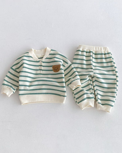Casual Striped Bear Baby Hoodie Pants 2pcs Set