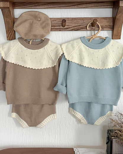 Lace Collar Knitted Baby Girl Sweater Short Pants 2pcs Set