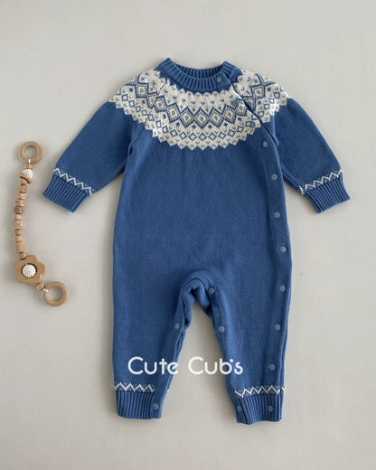 Warm Rhombus Knitted Baby Jumpsuits Hat