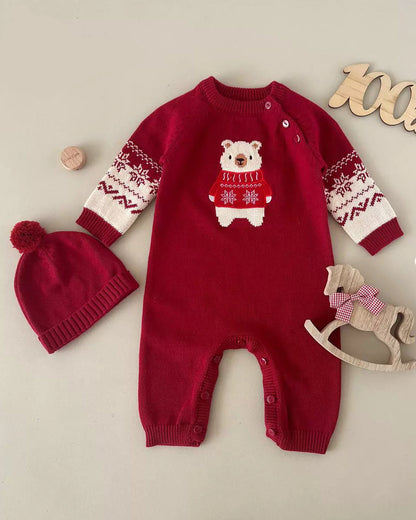 Bear Pattern Knitted Baby Jumpsuits Hat 2pcs Set