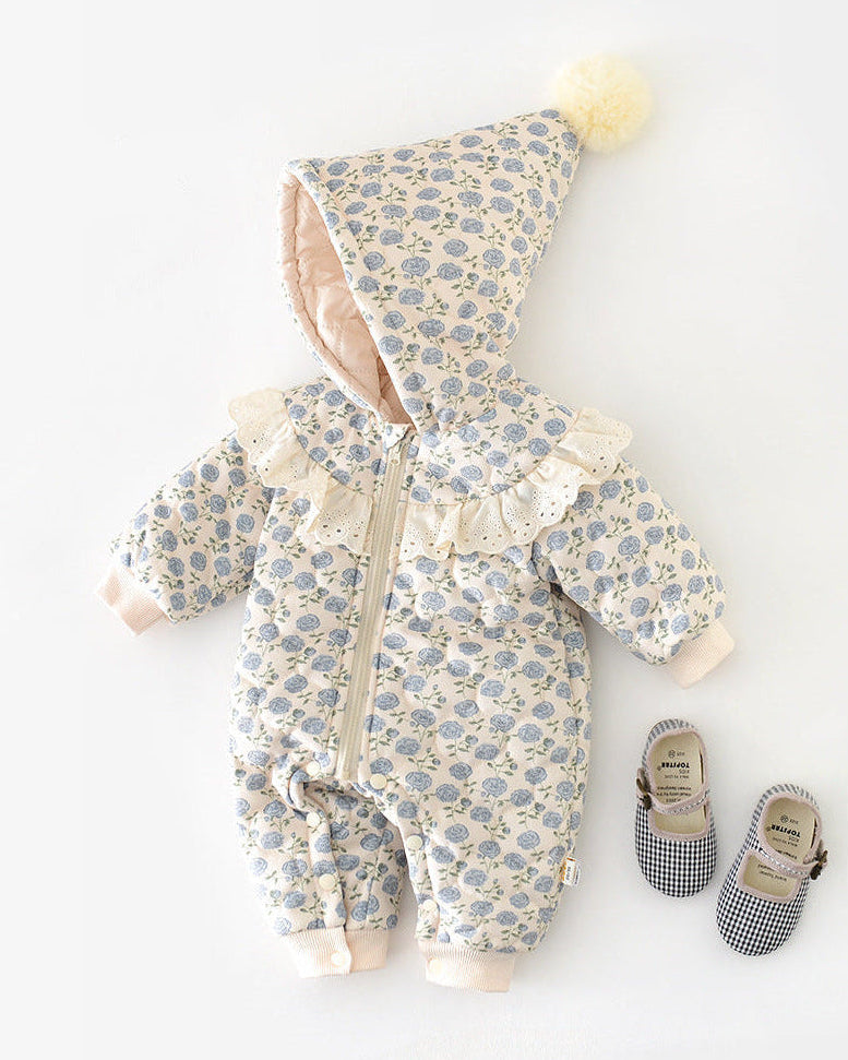 花柄レースのジップ付きベビーフード付きジャンプスーツ