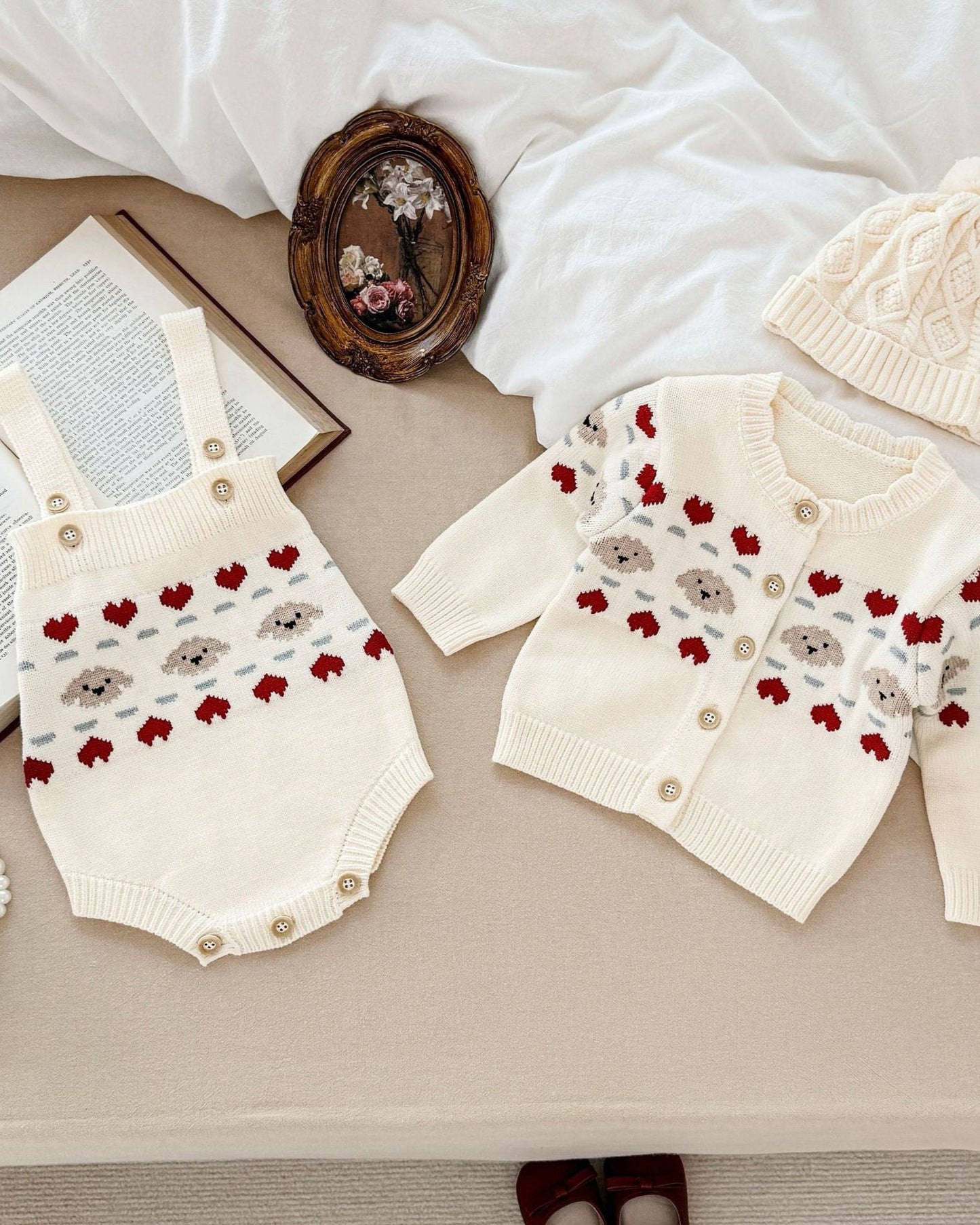 Knitted Cute Bear Heart Baby Romper Cardigan