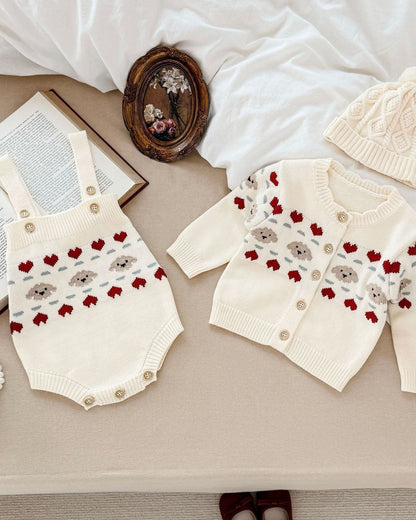Knitted Cute Bear Heart Baby Romper Cardigan