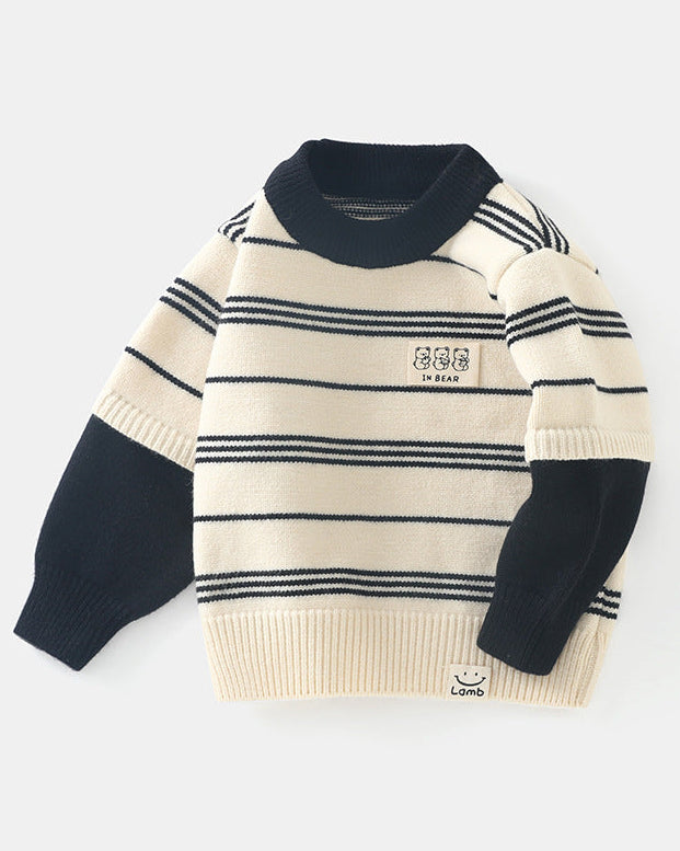 Casual Striped Bear Tag Knitted Baby Sweater