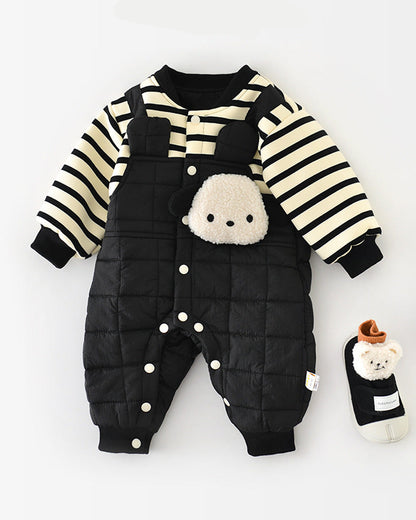 ストライプ柄の子犬柄フリースベビージャンプスーツ