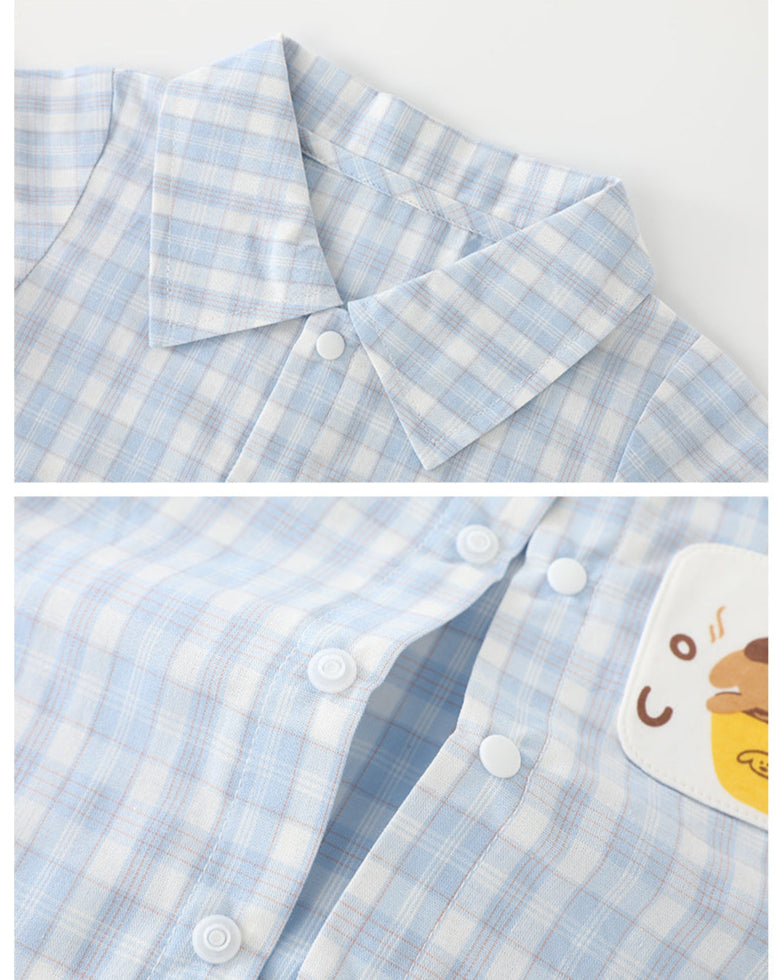 Plaid Coffee Bear Buttoned Short Sleeve Baby Jumpsuits