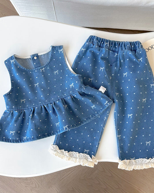 Sweet Denim Bow Dot Pattern 2pcs Set Bottoming Shirt