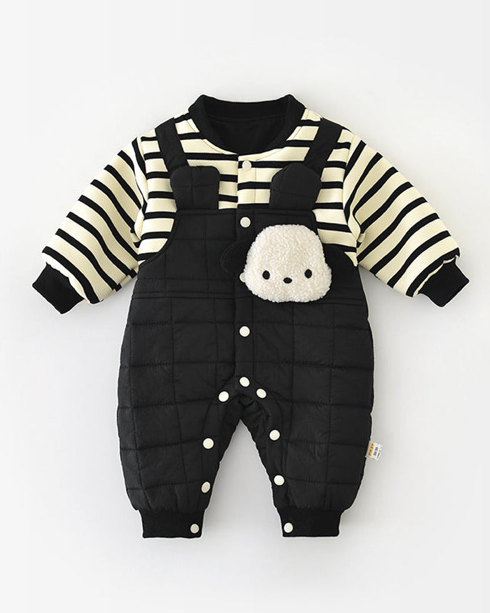 ストライプ柄の子犬柄フリースベビージャンプスーツ
