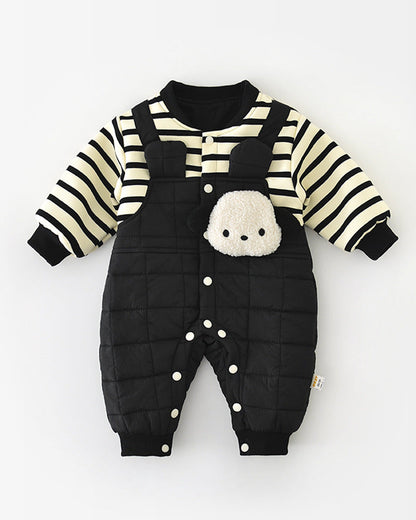 ストライプ柄の子犬柄フリースベビージャンプスーツ