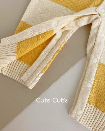 Knitted Striped Polo Collar Baby Jumpsuits Hat