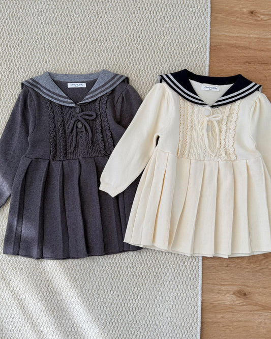 Lapel Pleated Knitted Baby Girl Dress