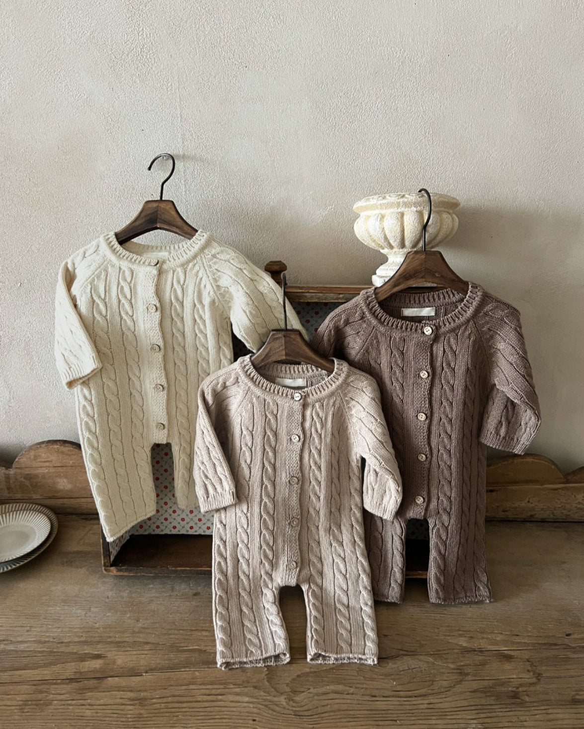 Casual Solid Color Cable-Knit Baby Jumpsuits Hat