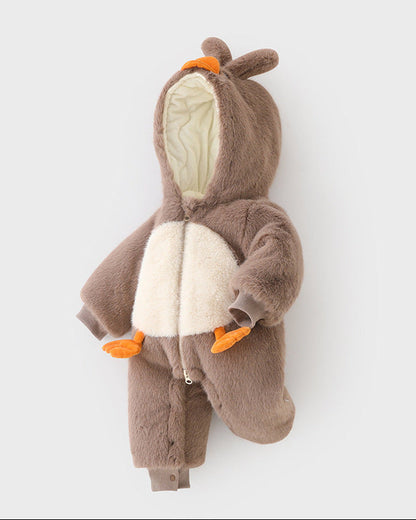 Fleece Duck Pattern Hooded Baby Jumpsuits
