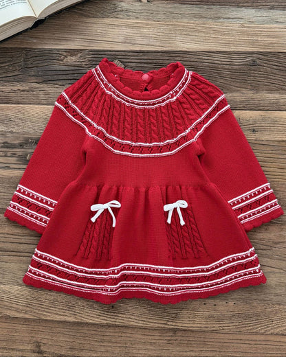 Sweet Hollowed-out Bow Decor Knitted Baby Dress