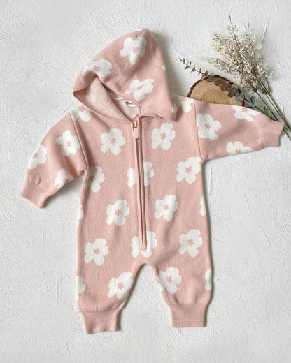 Flower Zipped Knitted Hooded Baby Jumpsuits