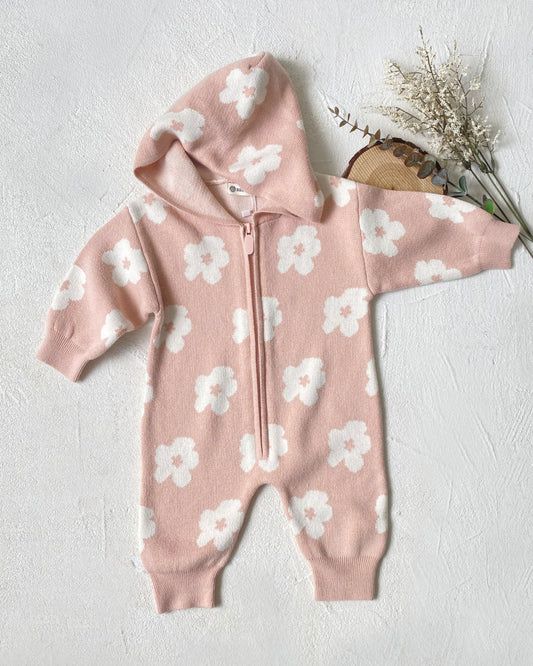 Flower Zipped Knitted Hooded Baby Jumpsuits
