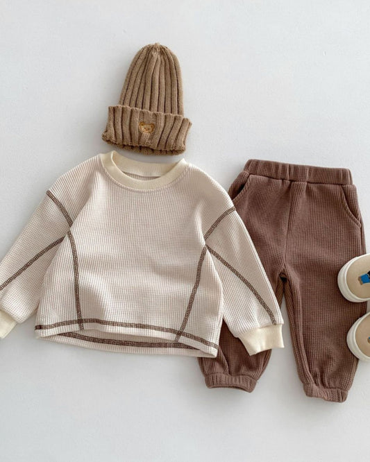Casual Waffled Baby Sweatshirt Pants 2pcs Set