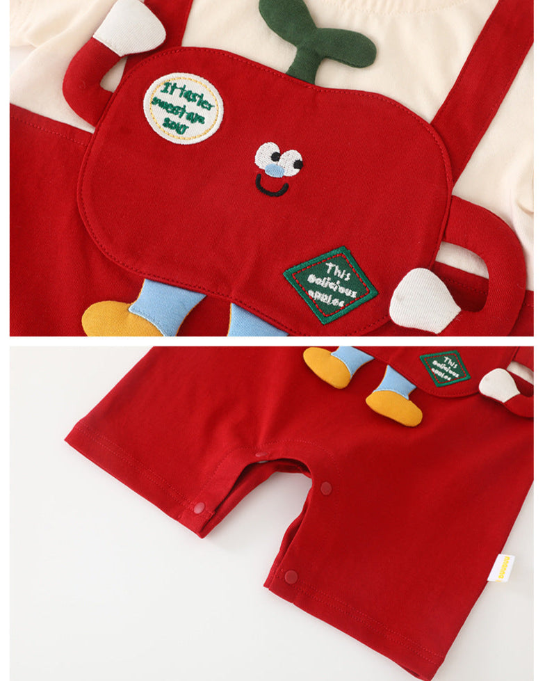 Cartoon Apple Pattern Short Sleeve Baby Jumpsuits Hat Bag