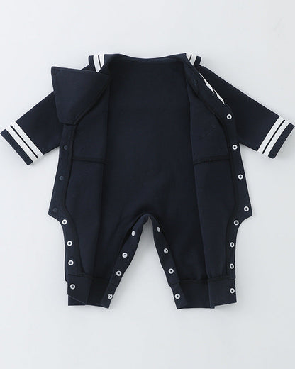 Navy Collar Buttoned Long Sleeve Baby Jumpsuits
