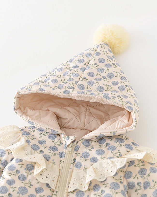 花柄レースのジップ付きベビーフード付きジャンプスーツ