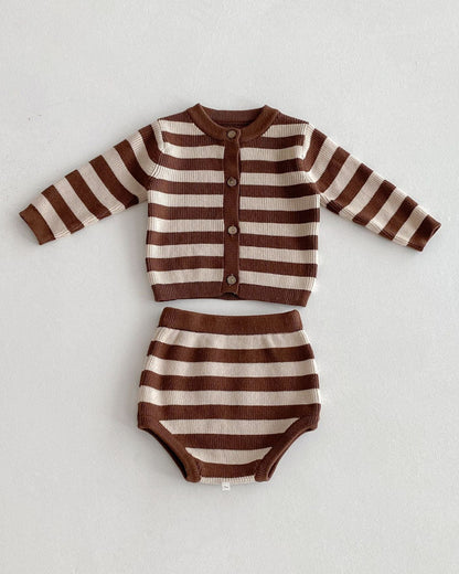 Striped Knitted Baby Cardigan Short Pants 2pcs Set