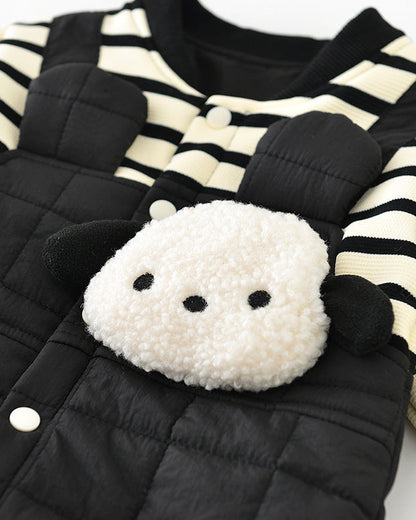 ストライプ柄の子犬柄フリースベビージャンプスーツ