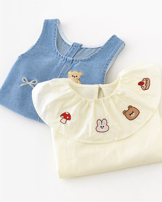 2pcs Cartoon Printed Denim Baby Shirt Romper Set