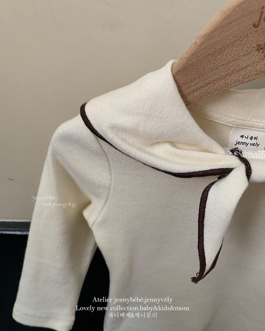 Knotted Bow Collar Cotton Long Sleeve Baby Top
