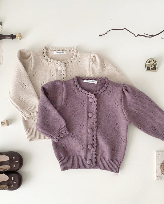 Puffy Sleeve Buttoned Knitted Baby Sweater Cardigan