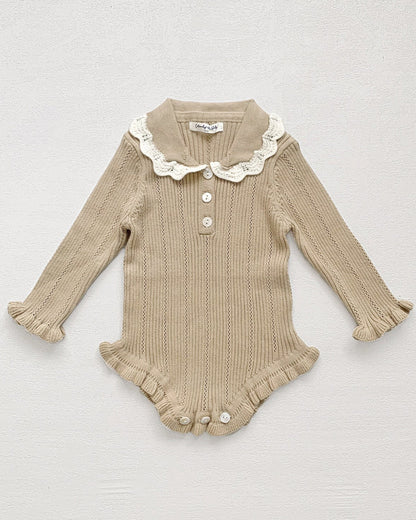 Buttoned Lace Collar Knitted Long Sleeve Baby Romper