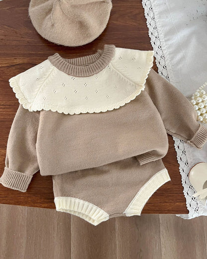 Lace Collar Knitted Baby Girl Sweater Short Pants 2pcs Set