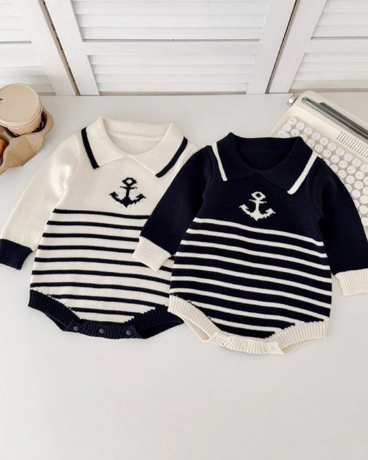 Striped Anchor Pattern Knitted Long Sleeve Baby Romper
