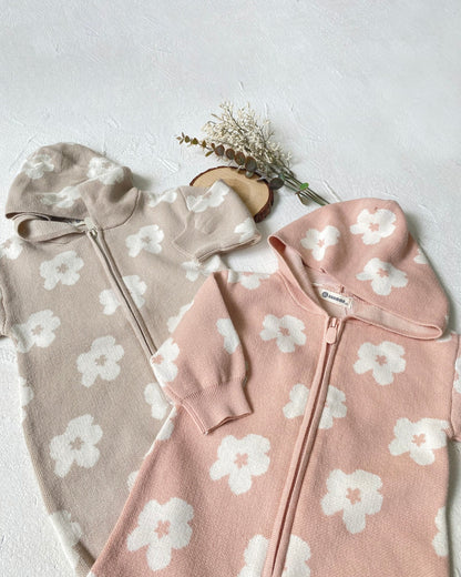 Flower Zipped Knitted Hooded Baby Jumpsuits