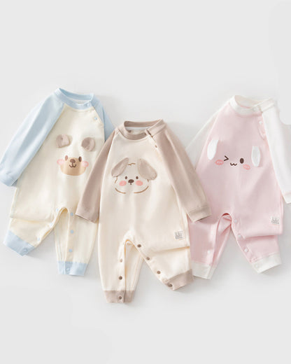 Color Block Animal Face Cotton Baby Jumpsuits