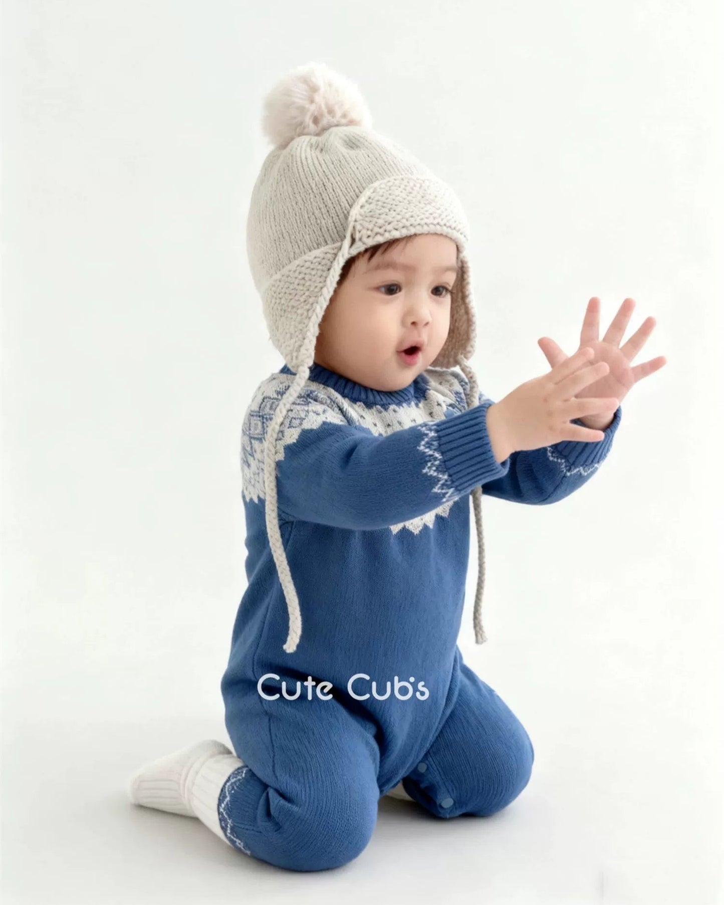 Warm Rhombus Knitted Baby Jumpsuits Hat