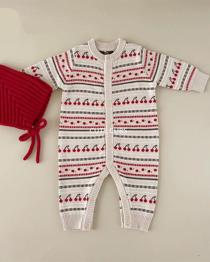 チェリー柄ニットベビージャンプスーツ