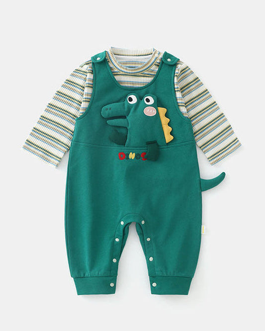 Dinosaur Pattern Striped Baby Jumpsuits Set