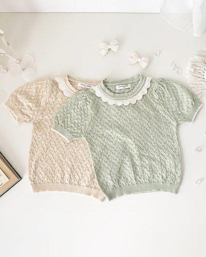 Sweet Breathable Knitted Short Sleeve Girl T-shirt