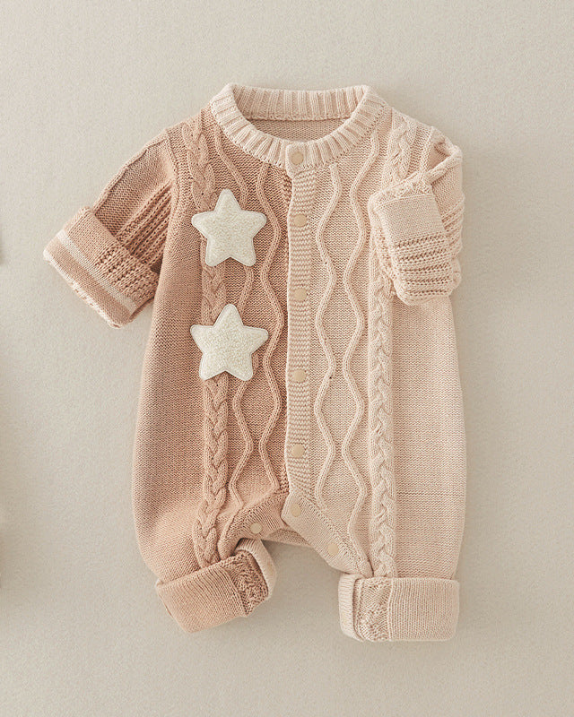 Star Color Block Knitted Baby Jumpsuits