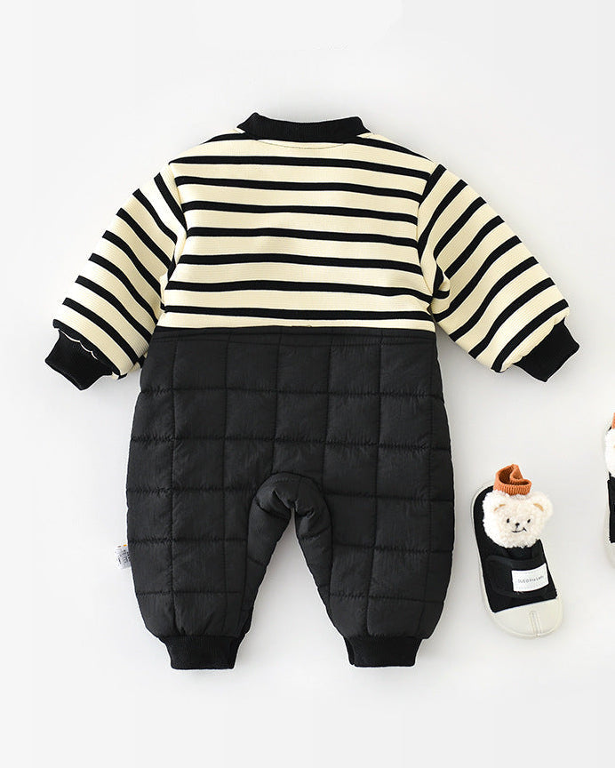 ストライプ柄の子犬柄フリースベビージャンプスーツ