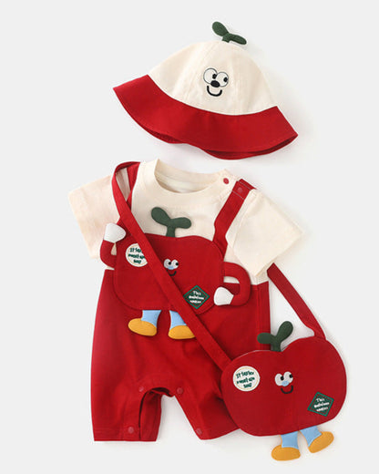 Cartoon Apple Pattern Short Sleeve Baby Jumpsuits Hat Bag