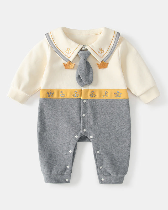 Tie Decor Navy Collar Baby Long Sleeve Jumpsuits