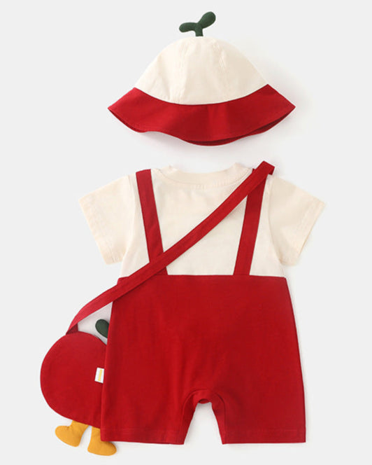 Cartoon Apple Pattern Short Sleeve Baby Jumpsuits Hat Bag
