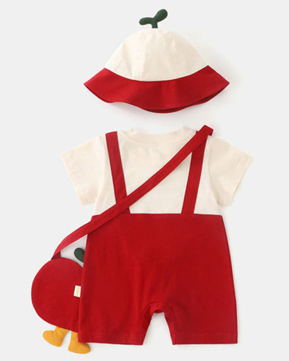 Cartoon Apple Pattern Short Sleeve Baby Jumpsuits Hat Bag