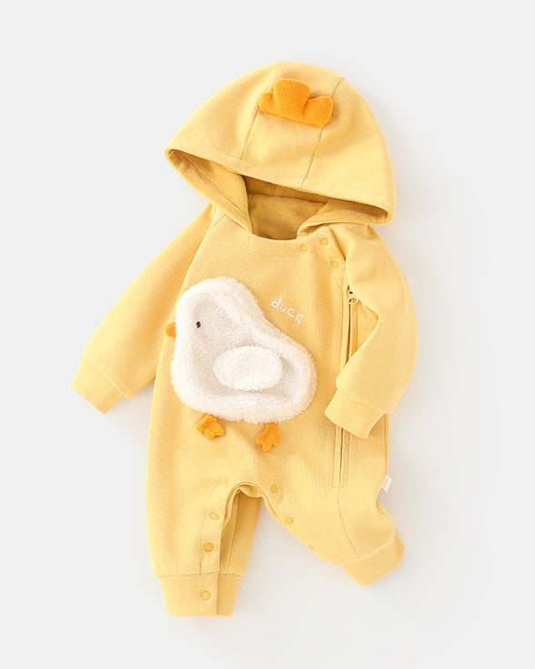 Fleece Duck Zipped Hooded Baby Jumpsuits
