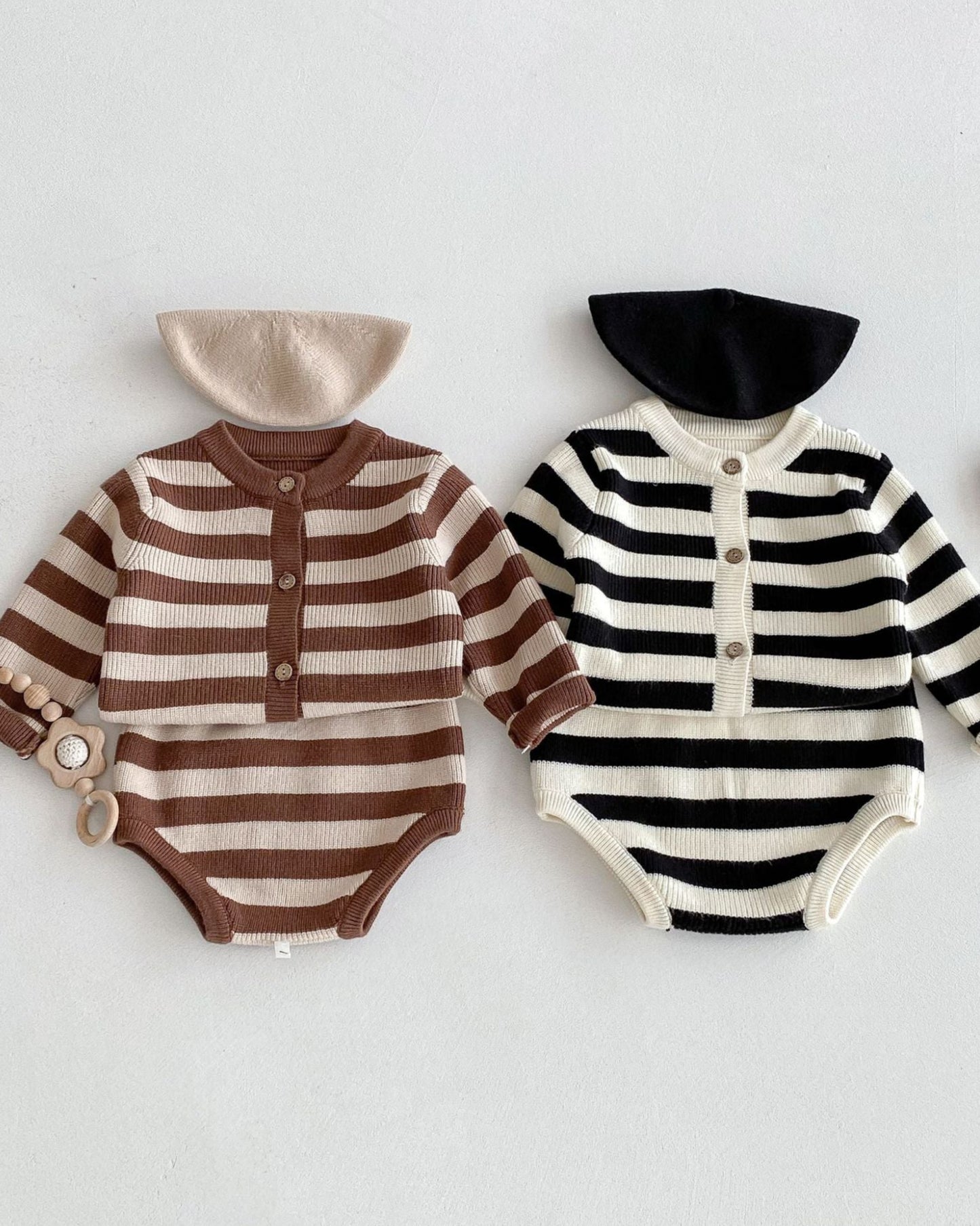 Striped Knitted Baby Cardigan Short Pants 2pcs Set