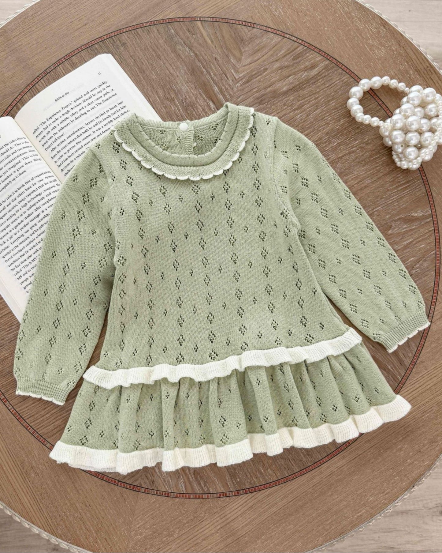 Hollow Knitted Layered Long Sleeve Baby Girl Dress