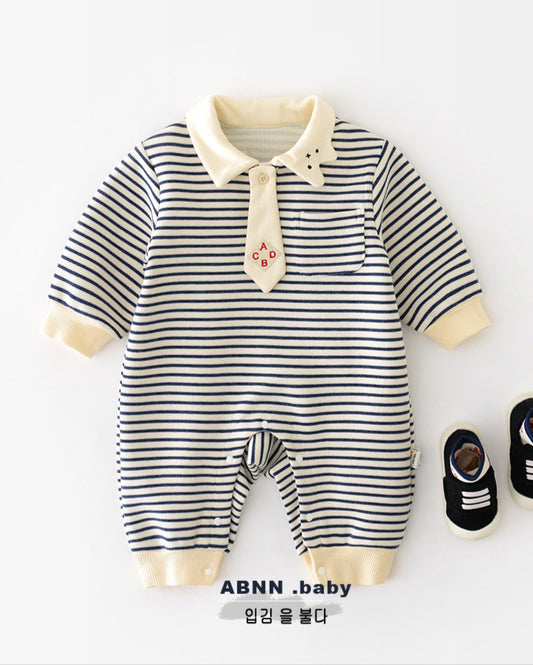 Striped Tie Bear Collar Long Sleeve Baby Jumpsuits