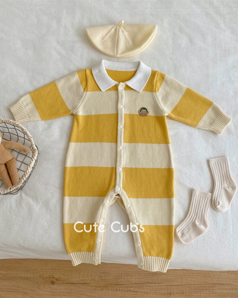 Knitted Striped Polo Collar Baby Jumpsuits Hat