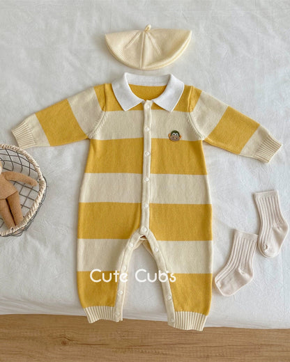 Knitted Striped Polo Collar Baby Jumpsuits Hat